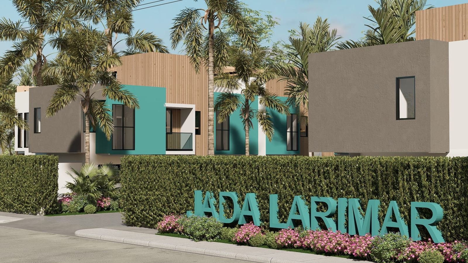 Render de la entrada del residencial Jada Larimar, en Vista Cana, Punta Cana